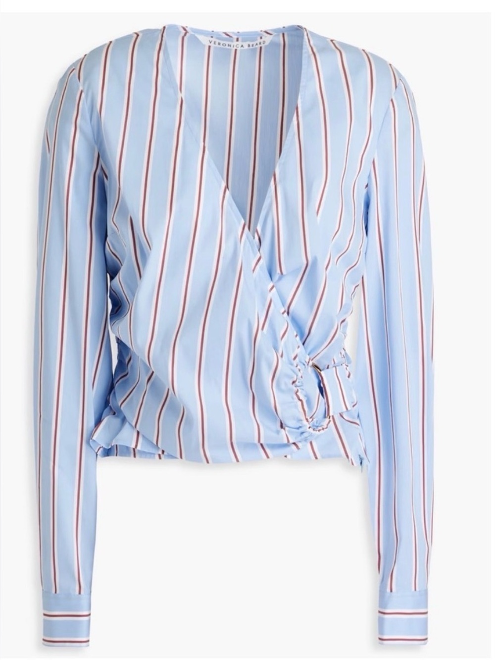 Veronica Beard Light Blue Striped Faux-Wrap Blouse Gold Ring Size 2